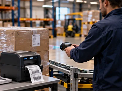 Labelprinter naast de goederenstroom