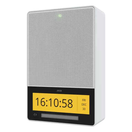 AXIS C1710 Network Display Speaker in links schuin aanzicht met geel display