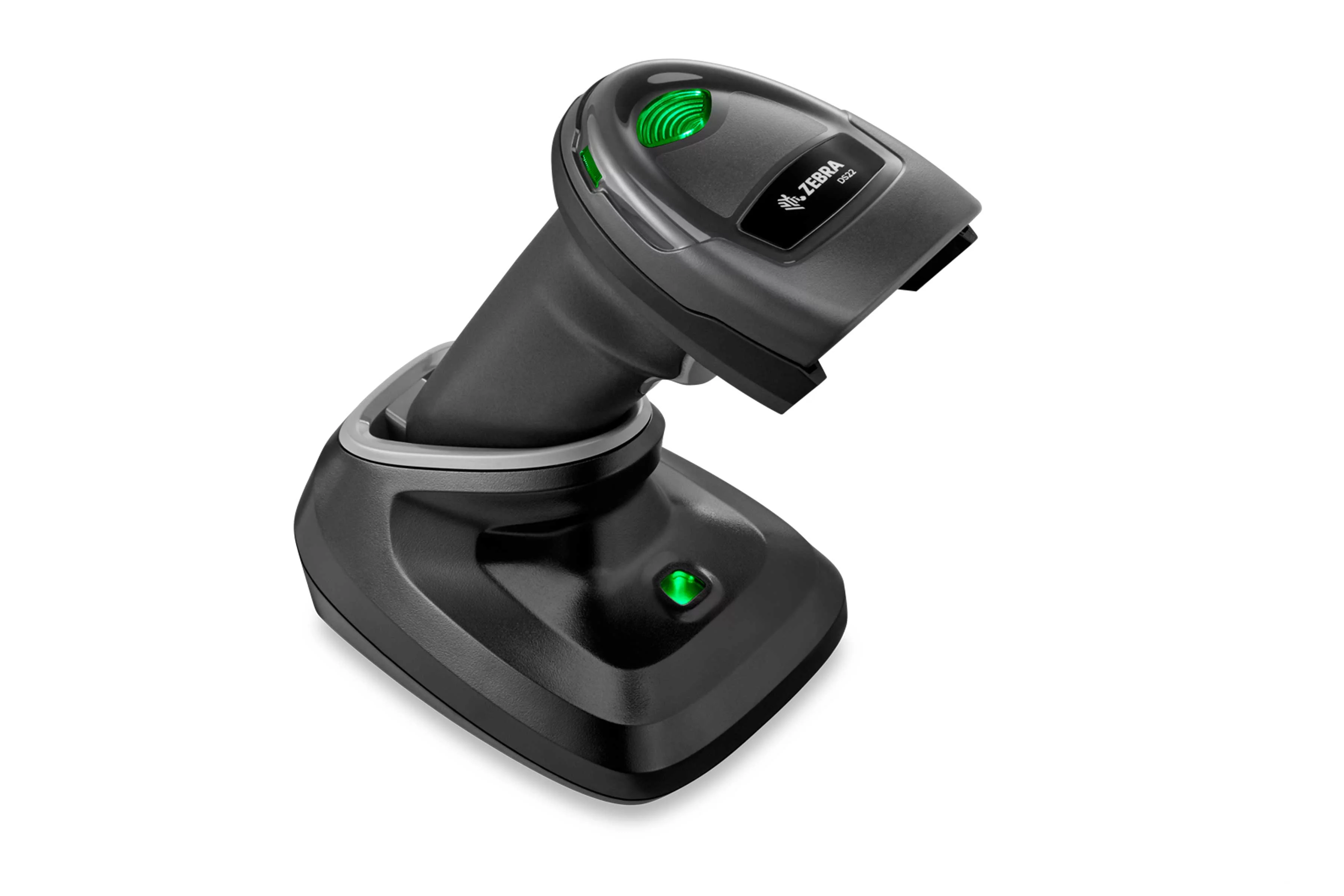 Zwarte Zebra DS2278 draadloze barcode scanner met zwarte presentatie- en laadcradle