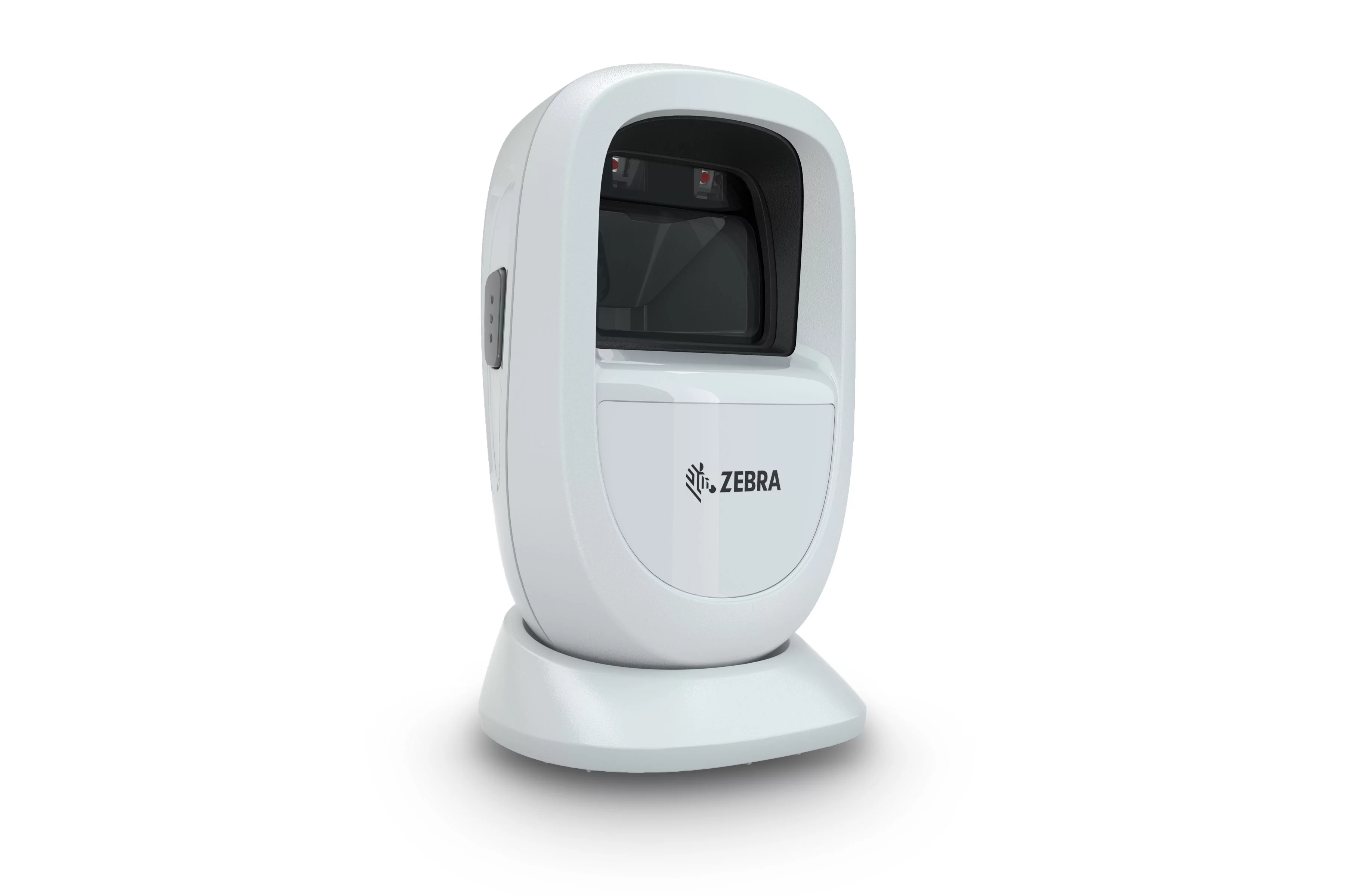 Zebra DS9308 bedrade 1D/2D presentatiescanner in witte uitvoering, vooraanzicht rechts