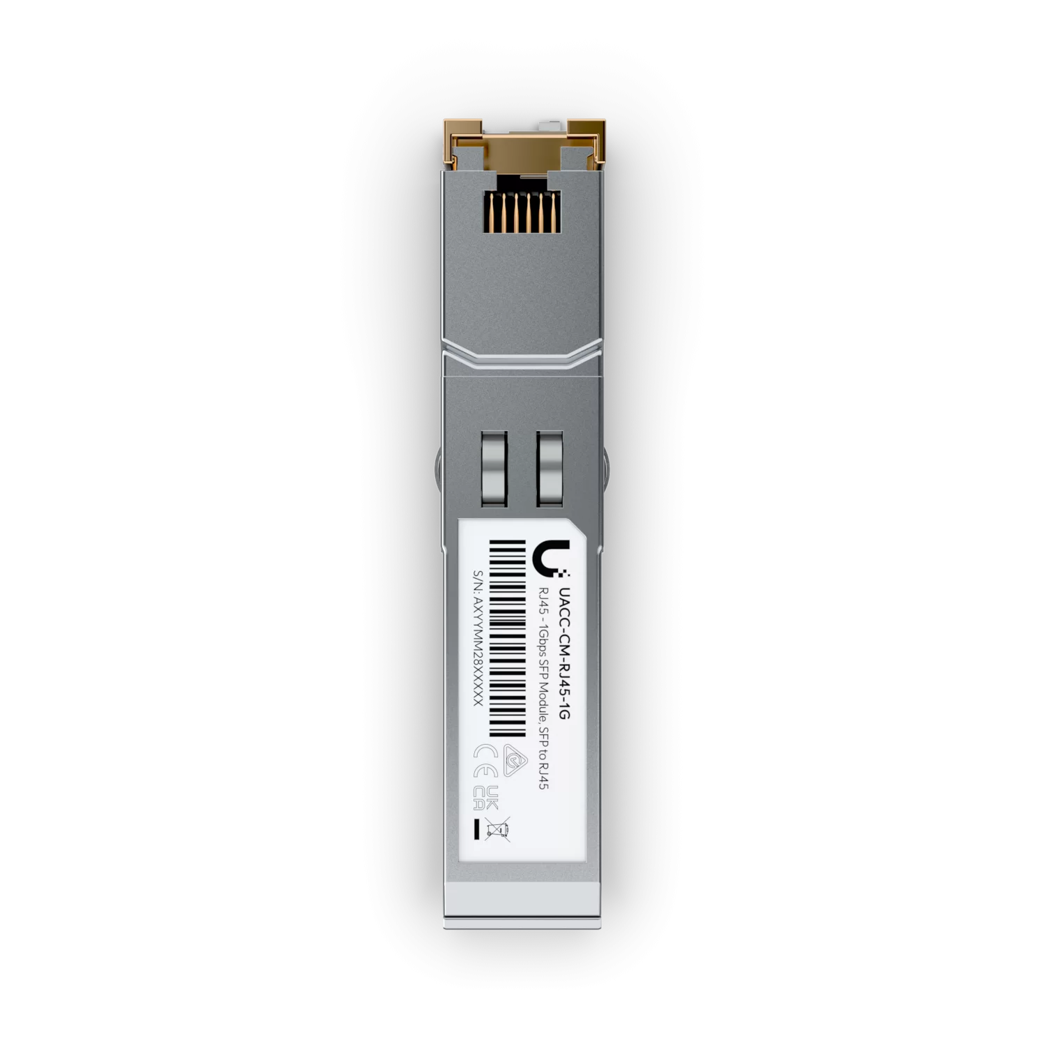Ubiquiti SFP to RJ45 Adapter (UACC-CM-RJ45-1G) frontaanzicht met productetiket en RJ45-contacten