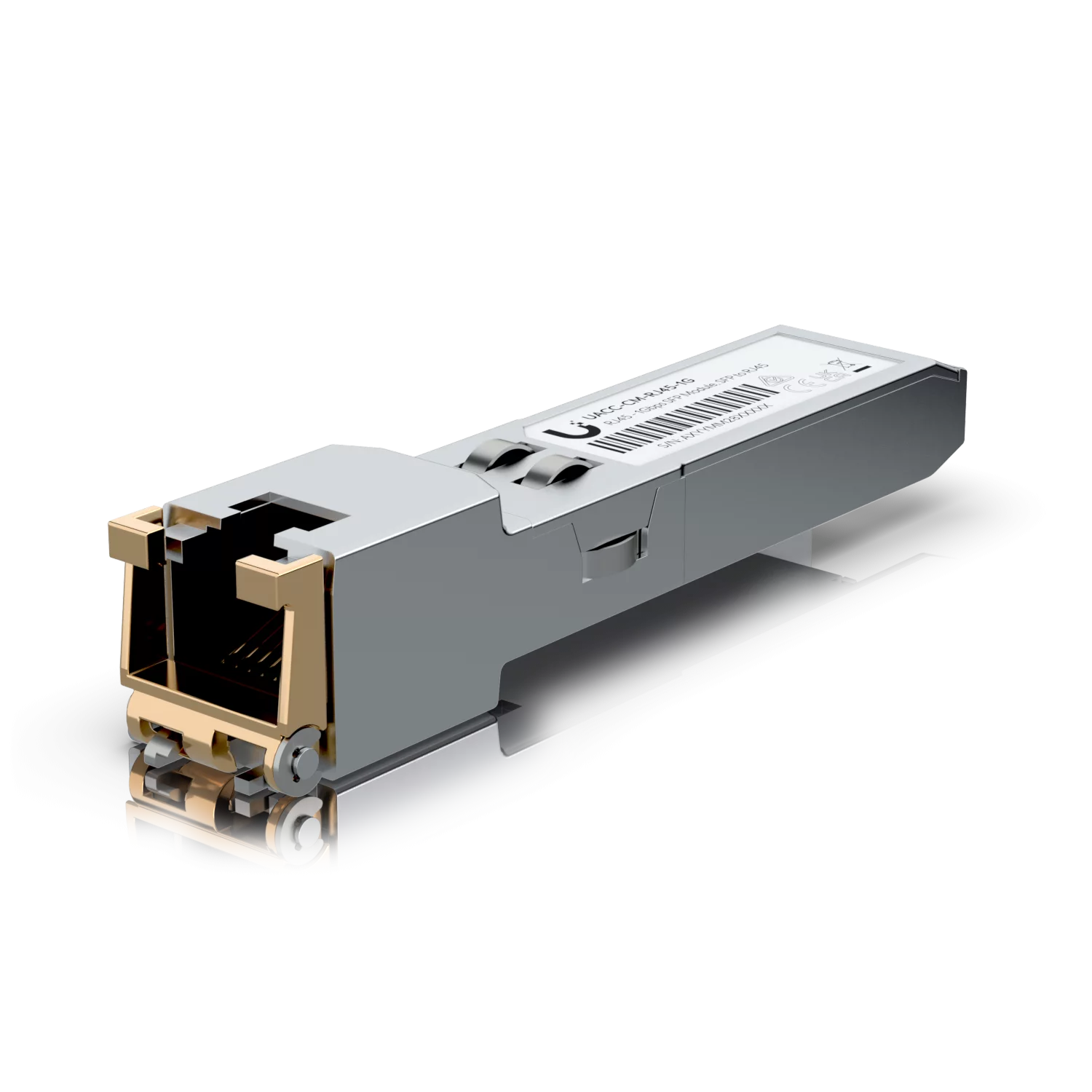 Ubiquiti SFP to RJ45 Adapter (UACC-CM-RJ45-1G) schuine aanzicht, metalen behuizing en RJ45-poort zichtbaar