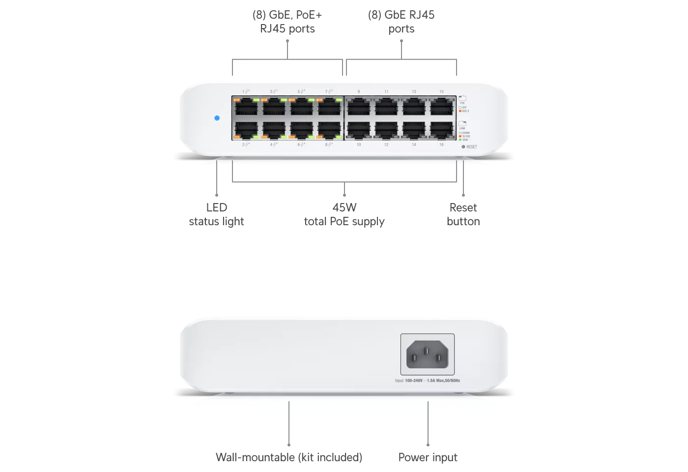 Vooraanzicht van de Ubiquiti UniFi Switch Lite 16 PoE, model USW-Lite-16-POE