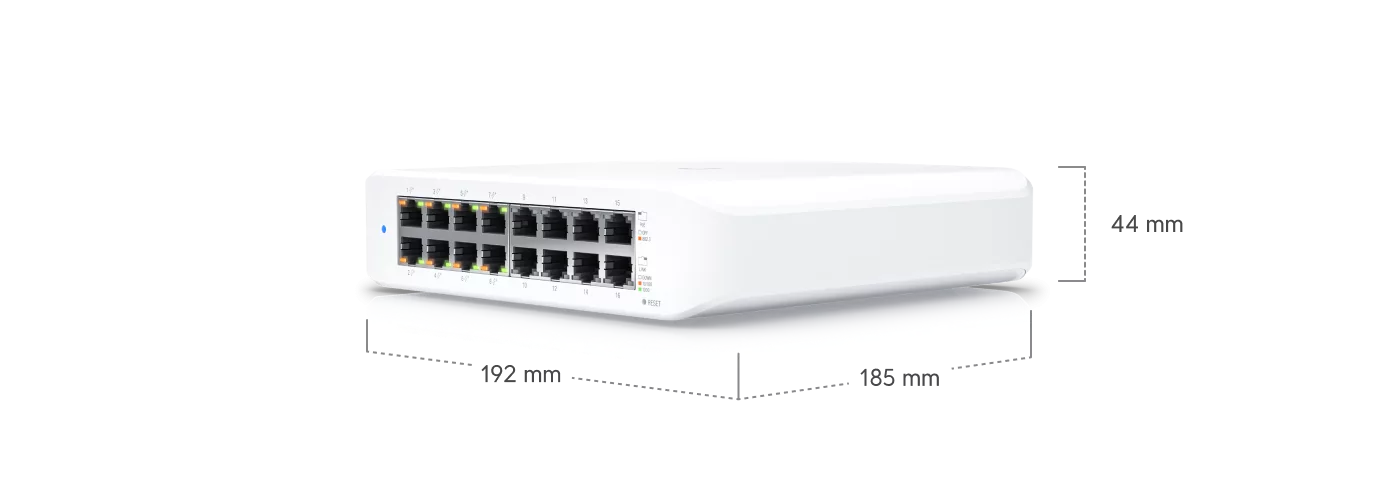 Zijaanzicht van de Ubiquiti UniFi Switch Lite 16 PoE, model USW-Lite-16-POE