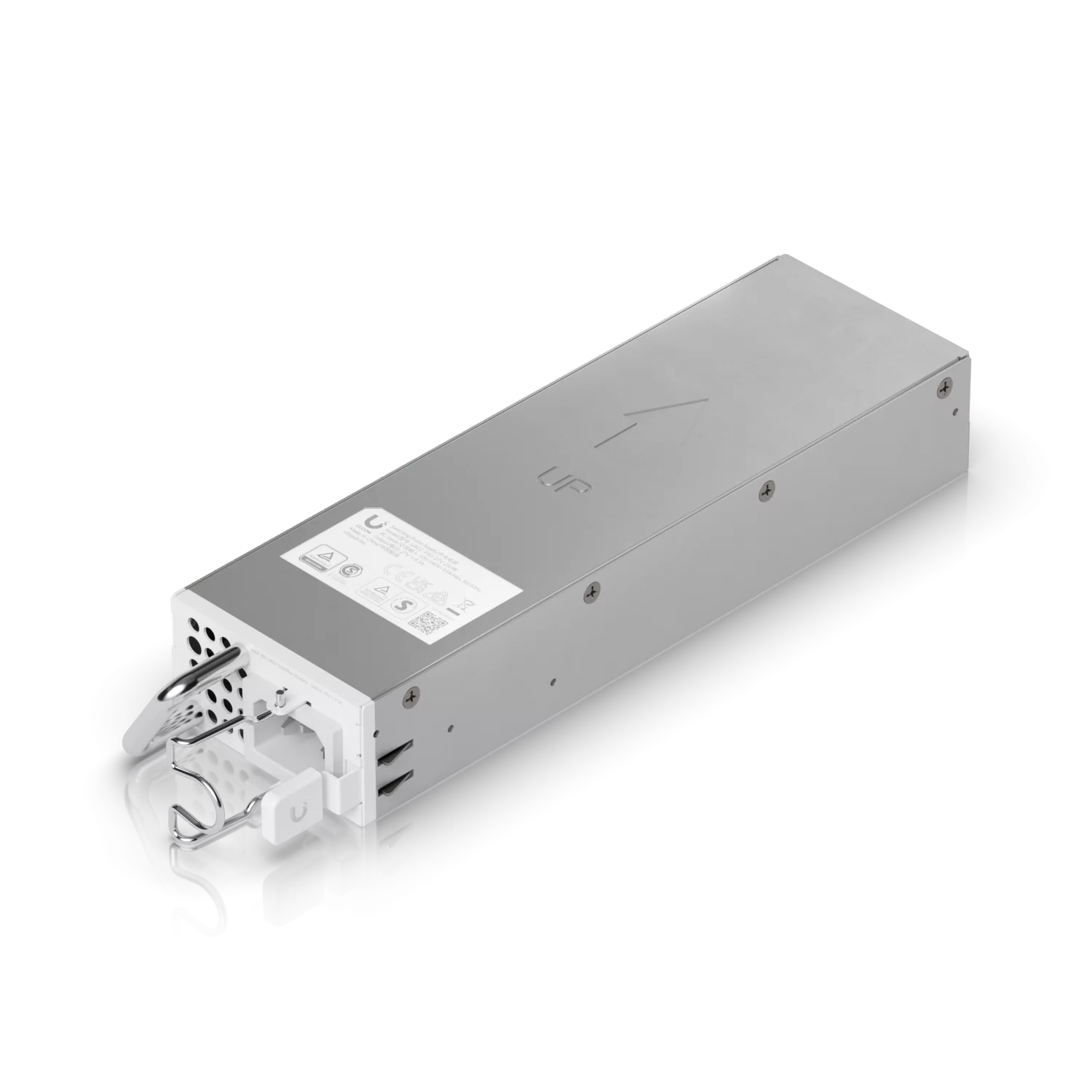Ubiquiti UACC-PSU-27V-250W 250W AC/DC voedingsmodule, schuine vooraanzicht met handgreep en connectoren