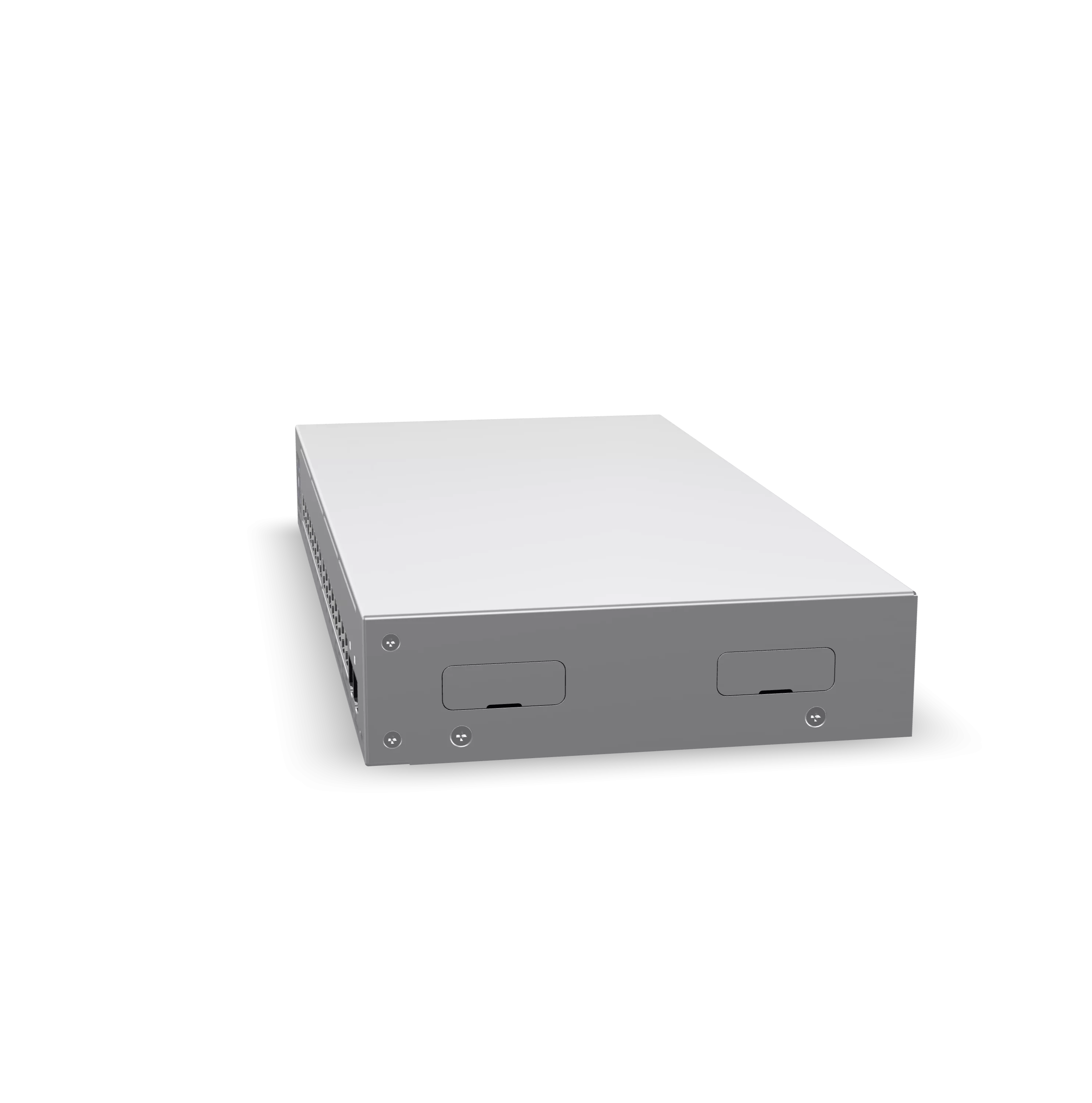 UniFi Pro Max 16 PoE (model USW‑PRO‑MAX‑16‑POE) schuine vooraanzicht, grijze behuizing