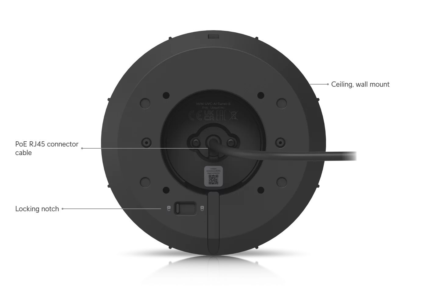 Officiële productweergave van de witte Ubiquiti UniFi AI Turret beveiligingscamera.