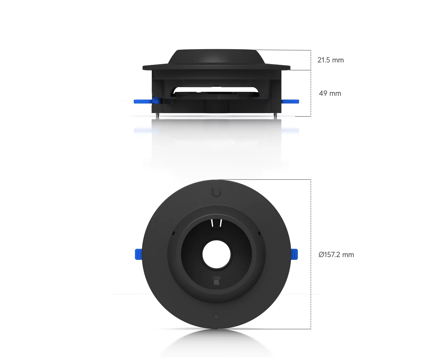 Zwarte Ubiquiti Dome Camera Flush Mount UACC-DOME-FM-B met zij- en bovenaanzicht en afmetingen