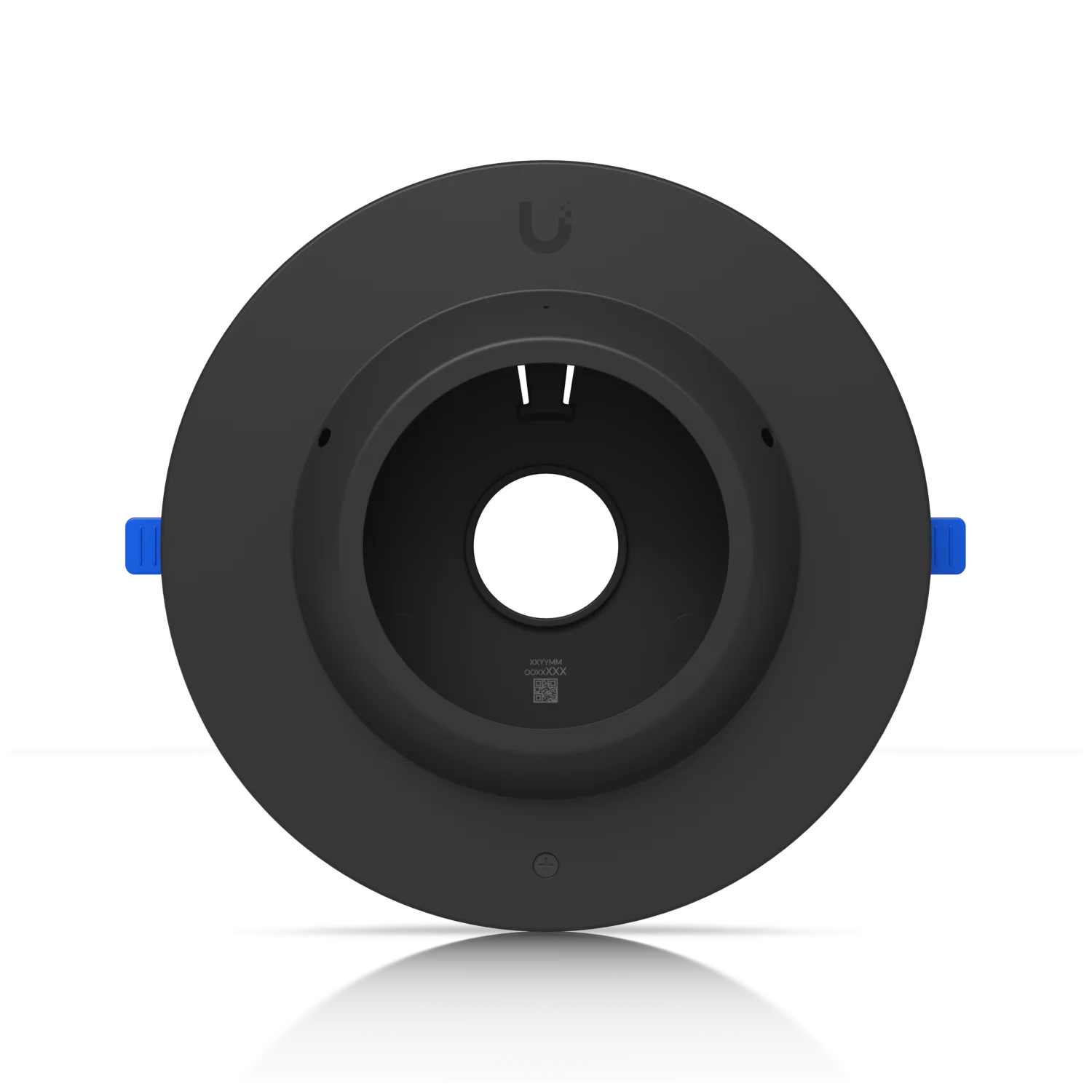 Onder- en zijaanzicht van de zwarte Ubiquiti Dome Camera Flush Mount UACC-DOME-FM-B