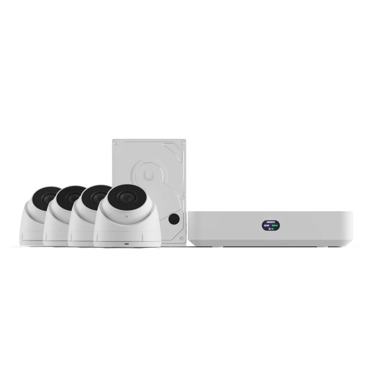 Vooraanzicht van de Ubiquiti UNVR-Instant-Kit met NVR en vier camera's