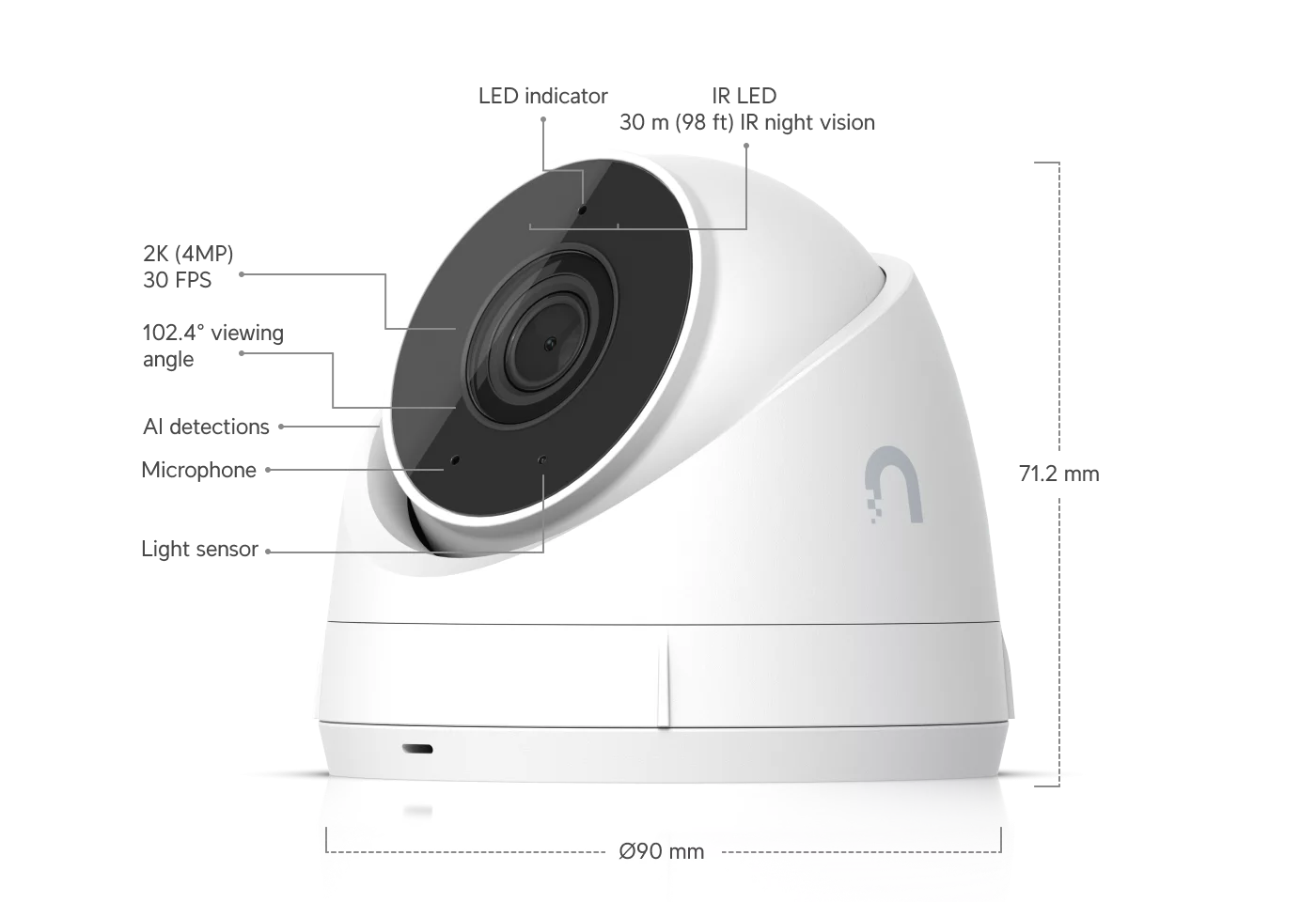 Technische productafbeelding van de G5 Turret Ultra-camera die in de UNVR-Instant-Kit wordt meegeleverd