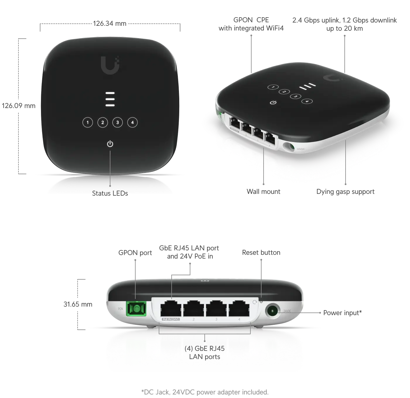Ubiquiti UF-WIFI UFiber WiFi GPON-router met voor-, zij- en achteraanzicht
