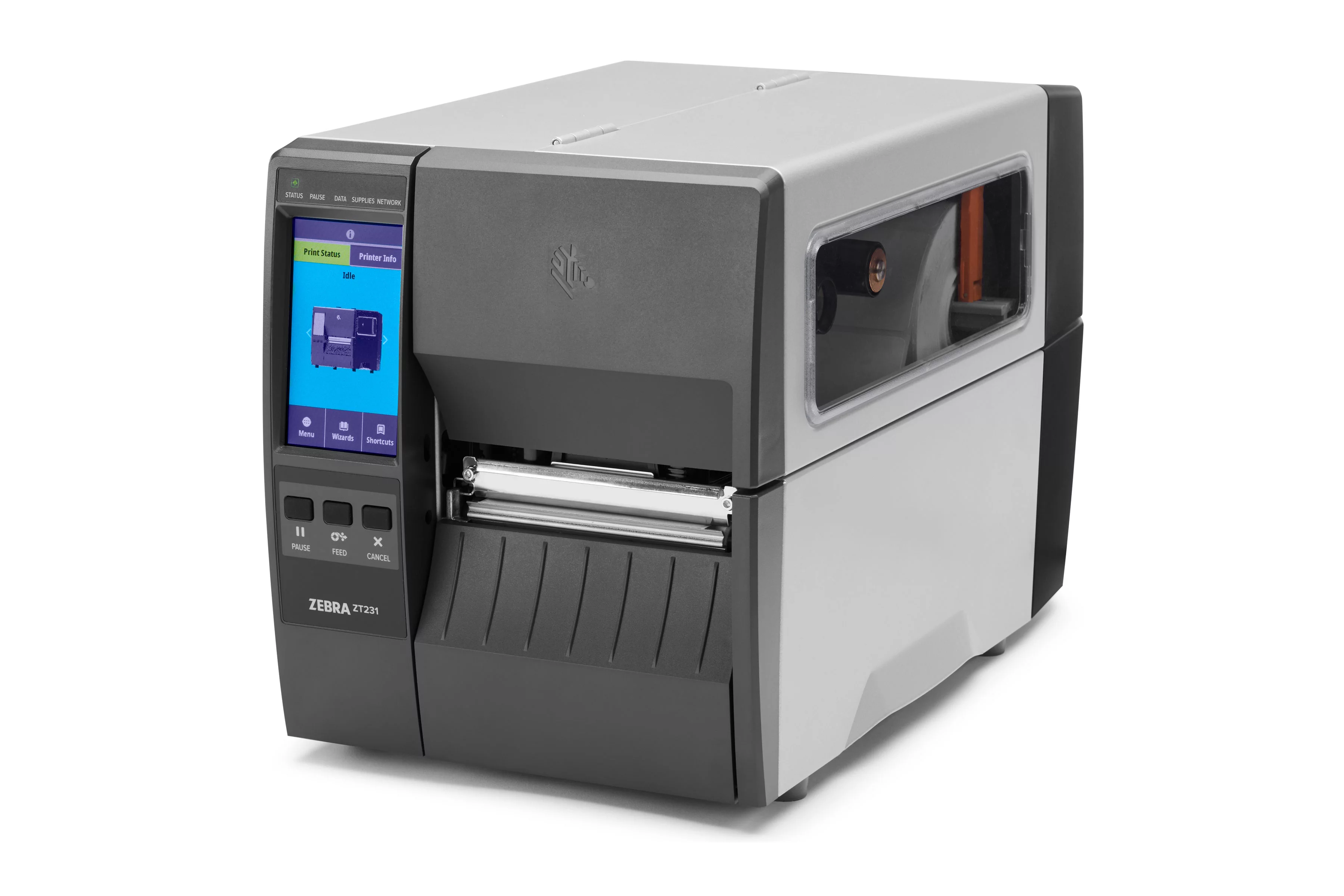 Zebra ZT231 industriële labelprinter, vooraanzicht links