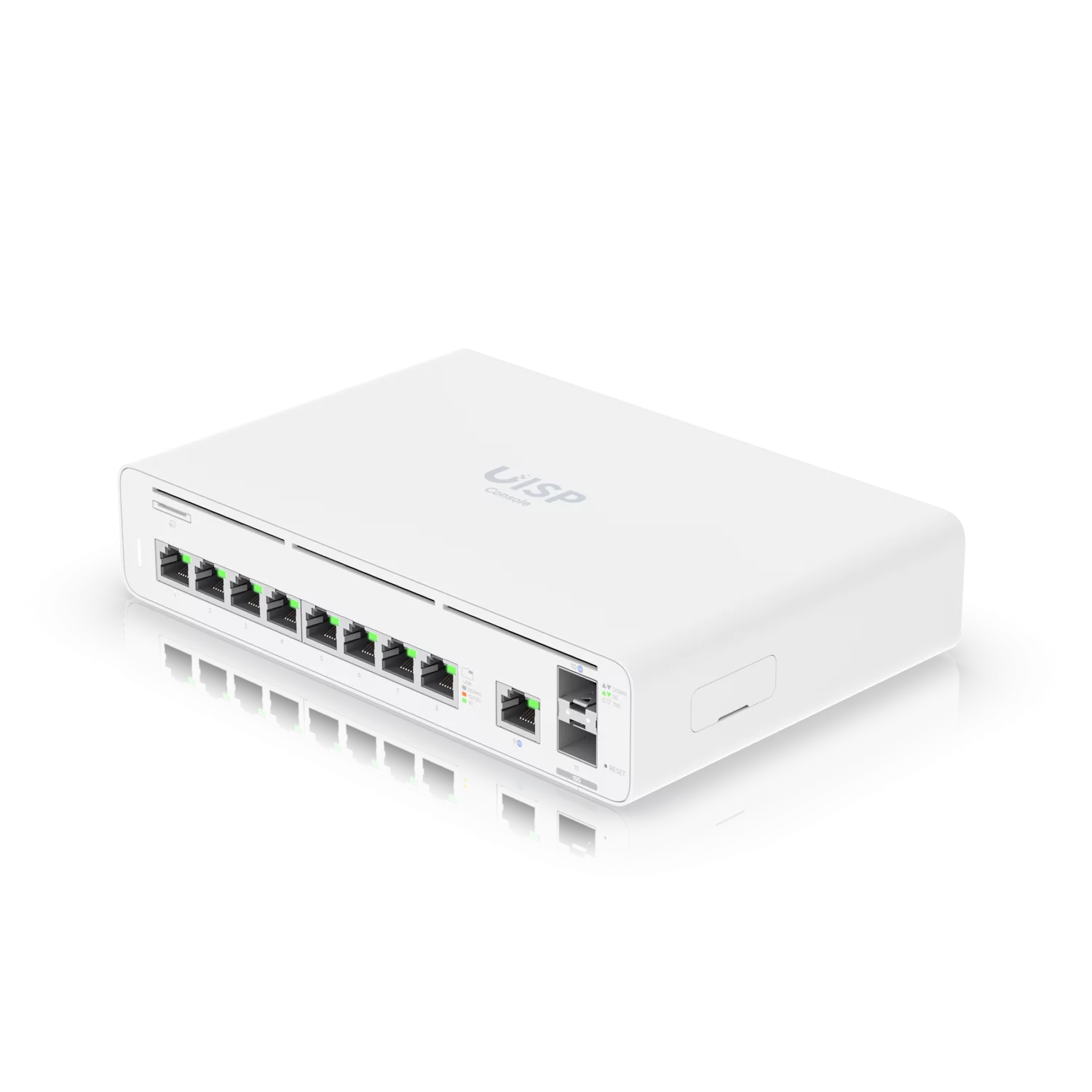 White product render of Ubiquiti UISP Console, angled front view