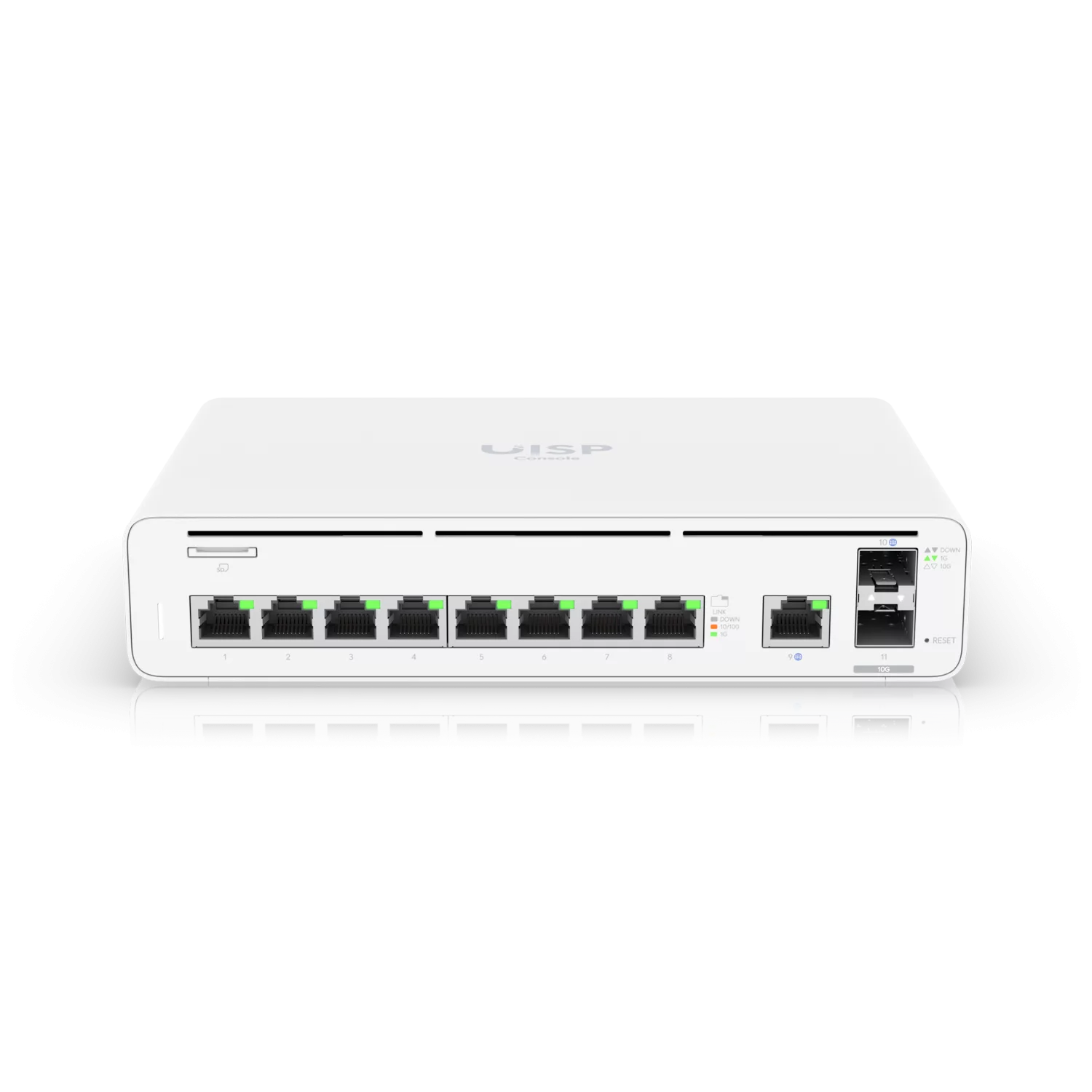 Front-facing view of the Ubiquiti UISP Console showing eight LAN ports and SFP+ ports