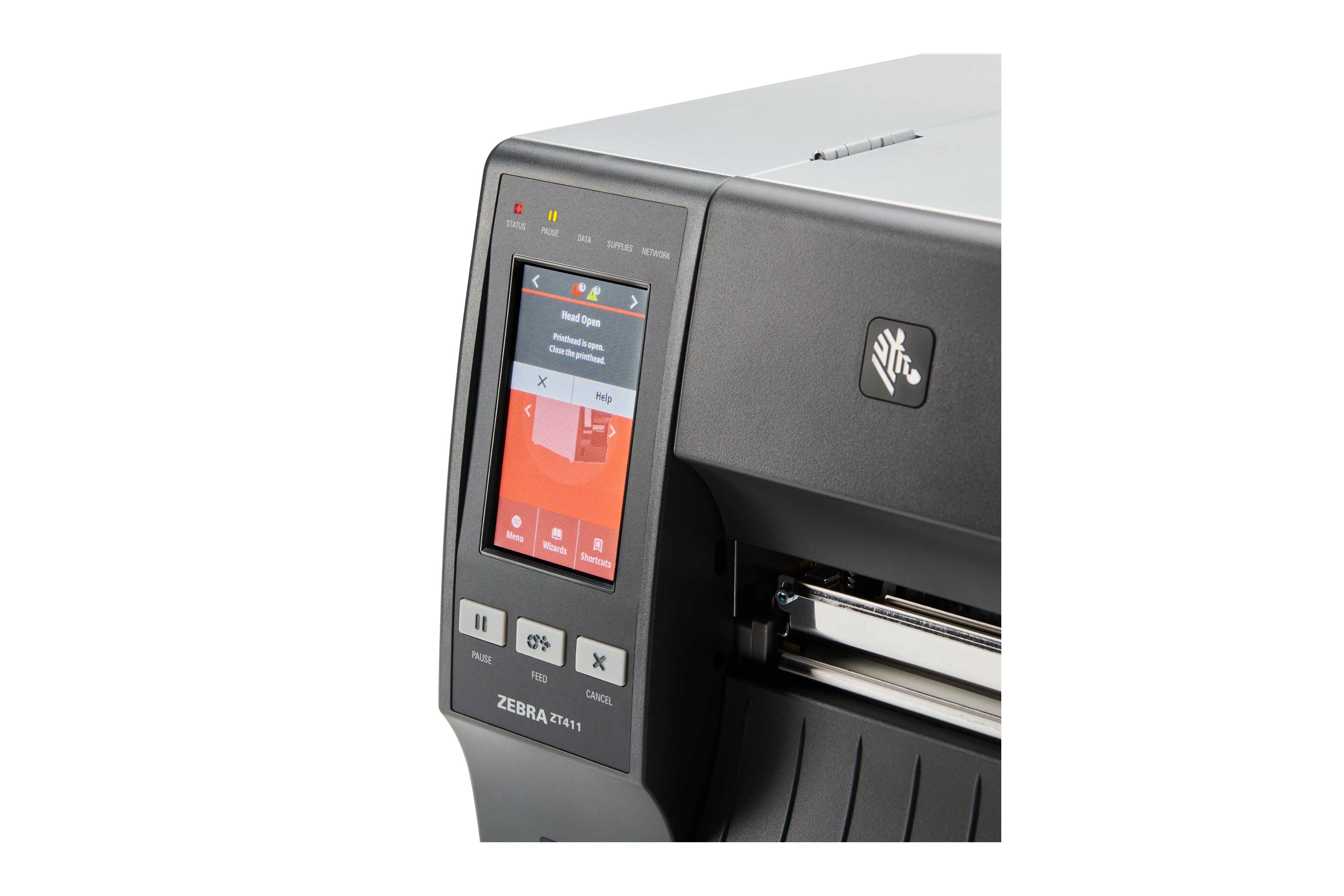 Zebra ZT411 industriële labelprinter, exact model, met zichtbaar touchscreen