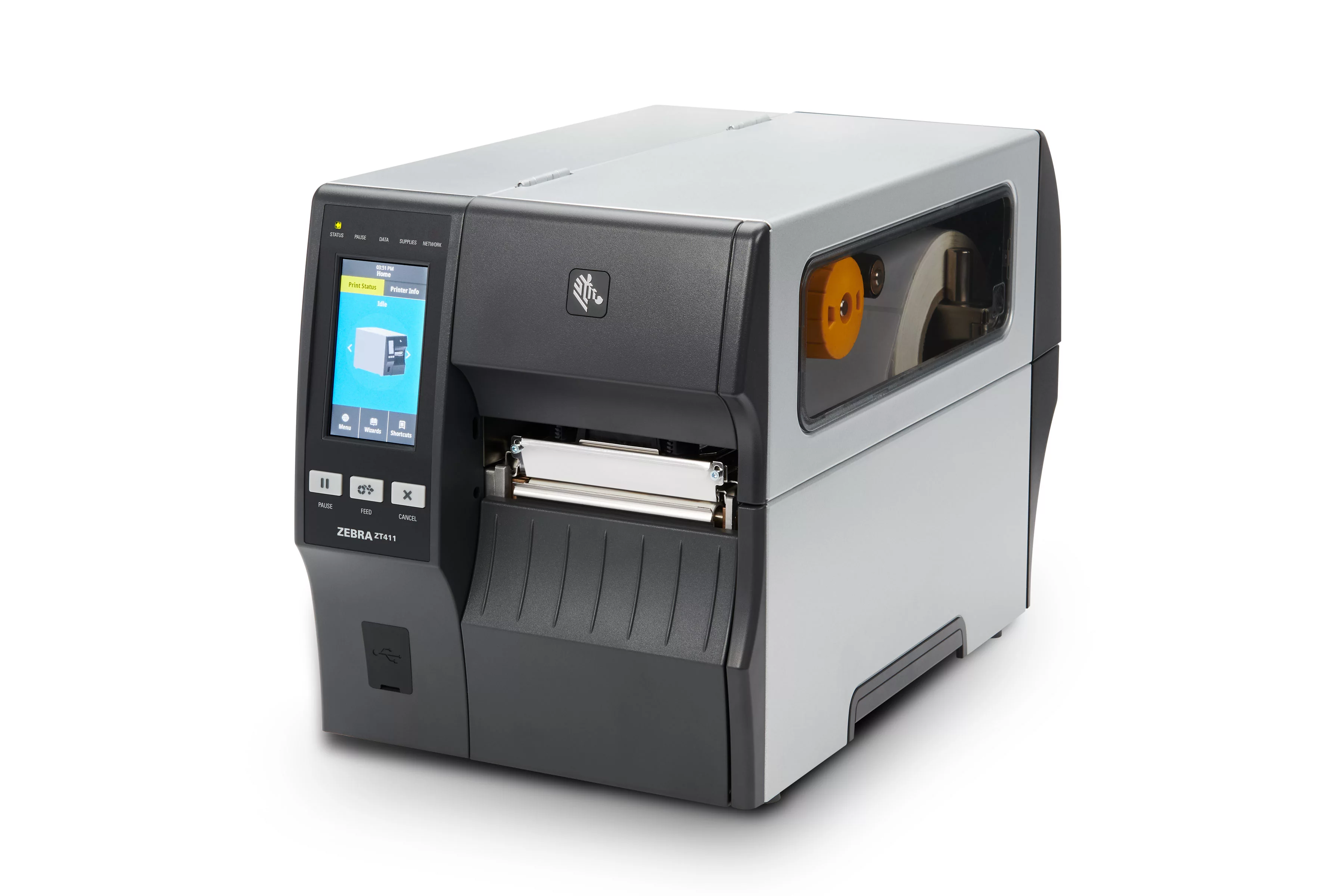 Zebra ZT411 industriële labelprinter, exact model, weergegeven in driekwartaanzicht van voren