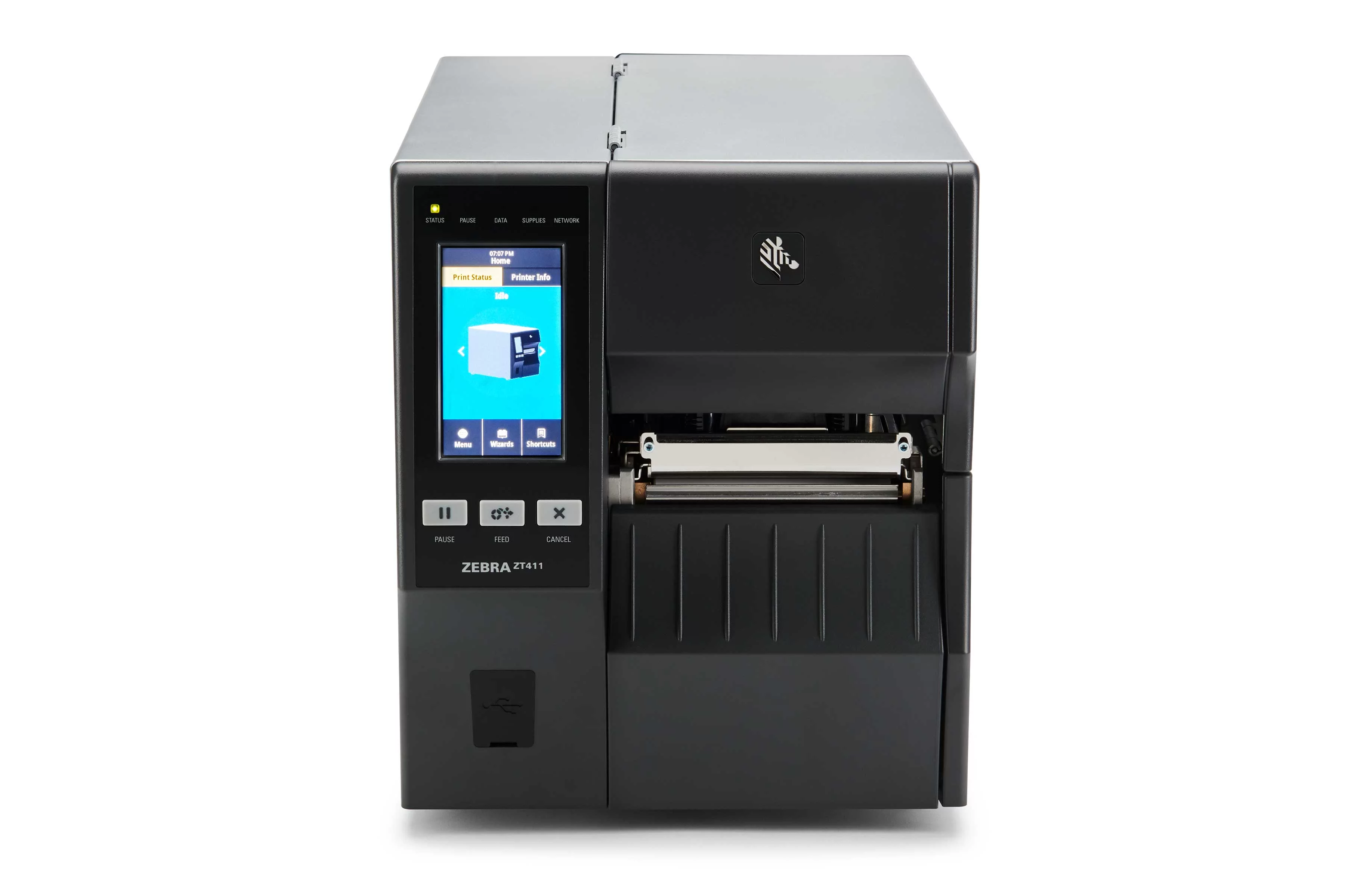 Zebra ZT411 industriële labelprinter, exact model, frontaal weergegeven