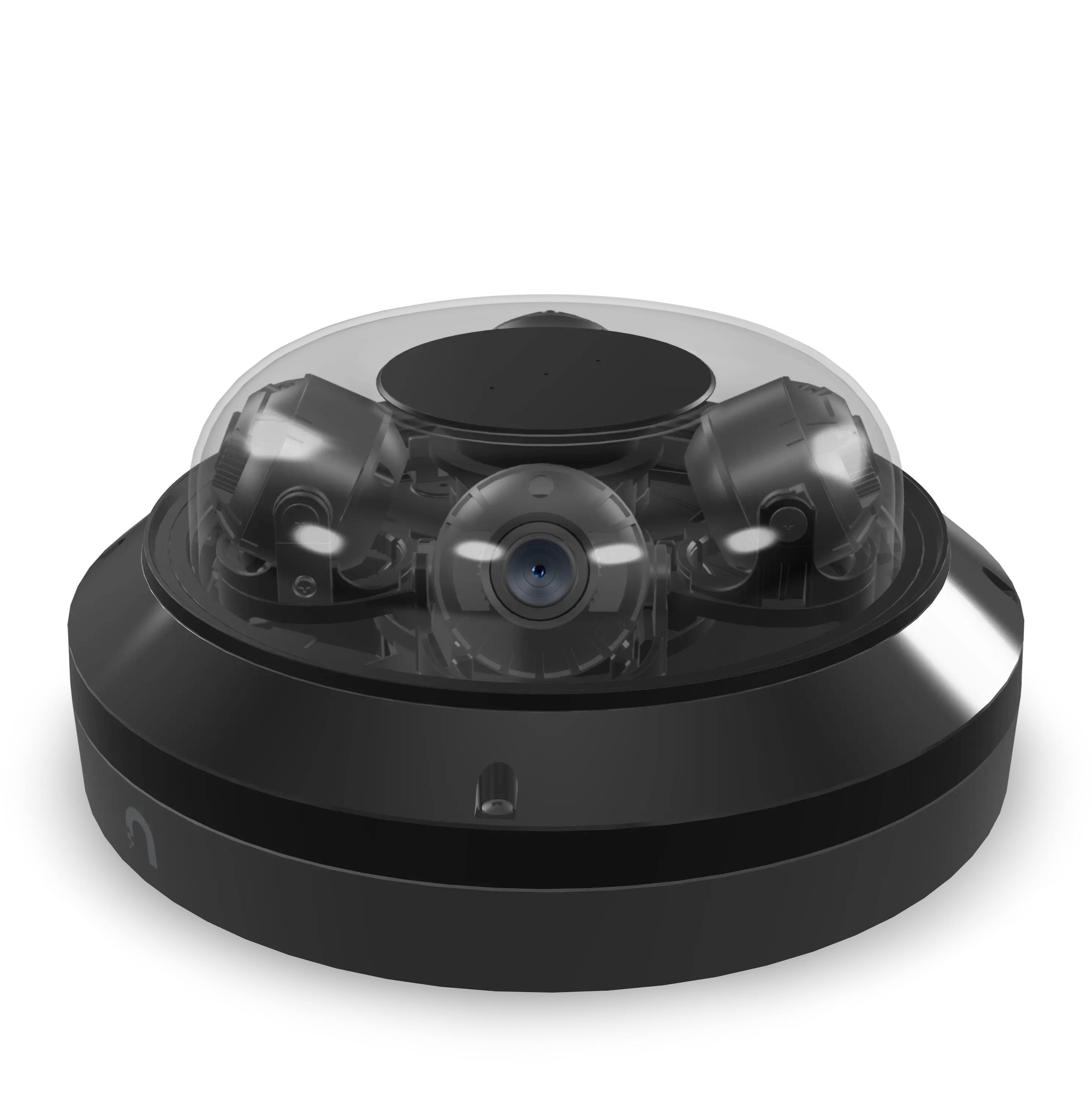 Close-up render van de Ubiquiti UniFi AI Multi Sensor 4 (zwart) met transparante kap, toont de vier onafhankelijke sensormodules.