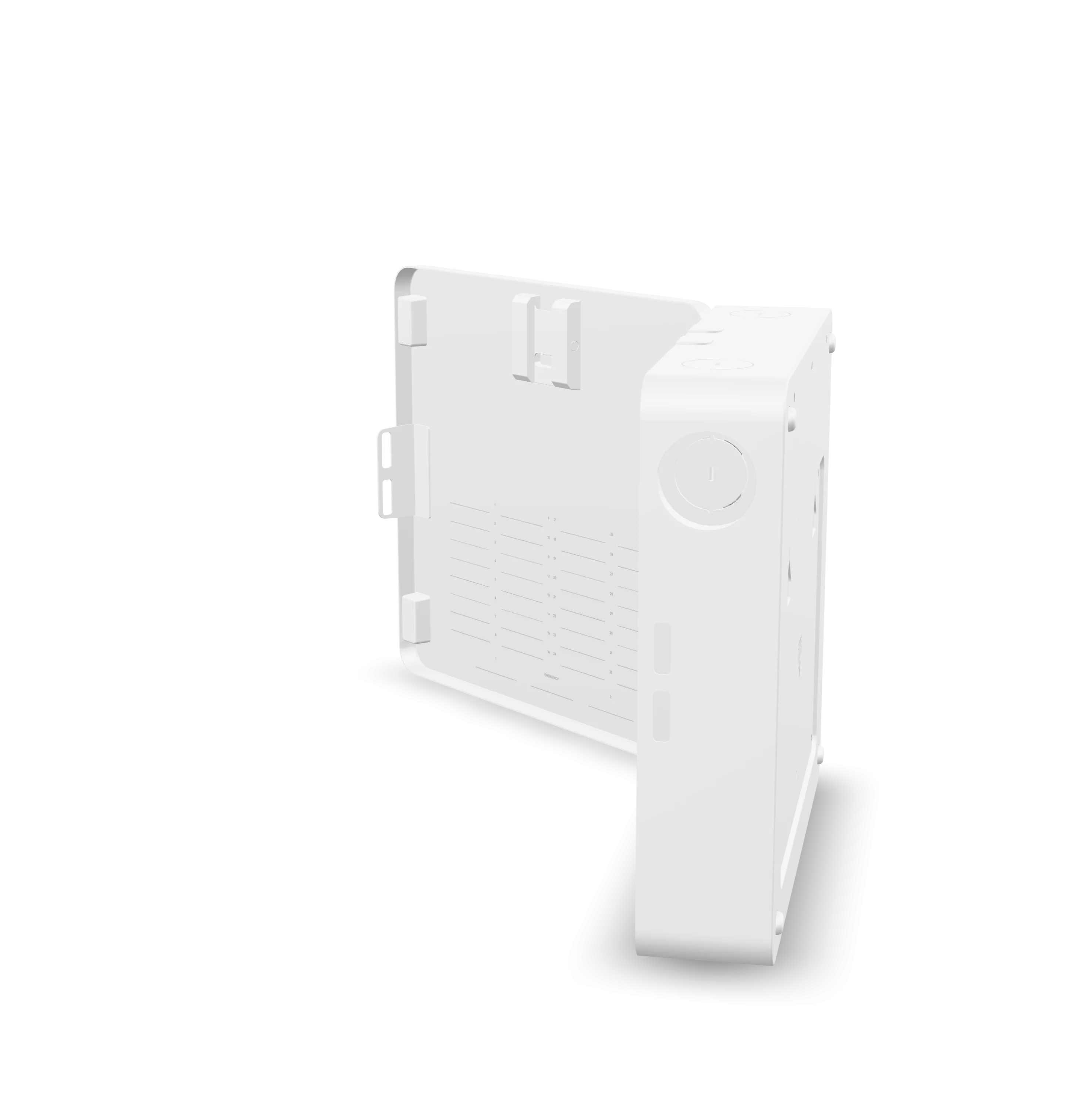 Achterzijde/opengeklapte behuizing van de Ubiquiti UniFi Alarm Hub Kit (UP-ALARMHUB-KIT) met labels voor 32 ingangen en aansluitingen.