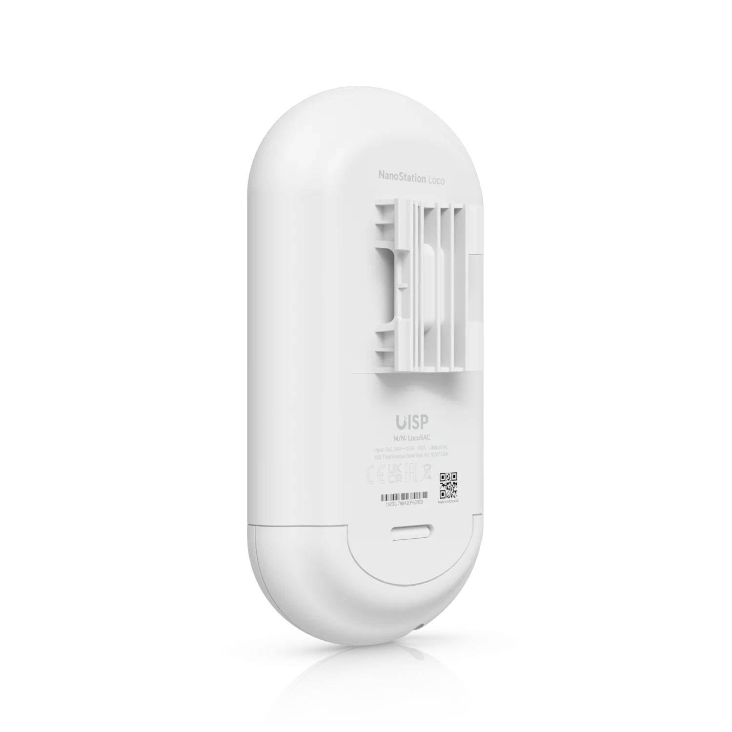 Achterzijde van de Ubiquiti airMAX NanoStation 5AC Loco (LOCO5AC), inclusief aansluitingen en montagevoet