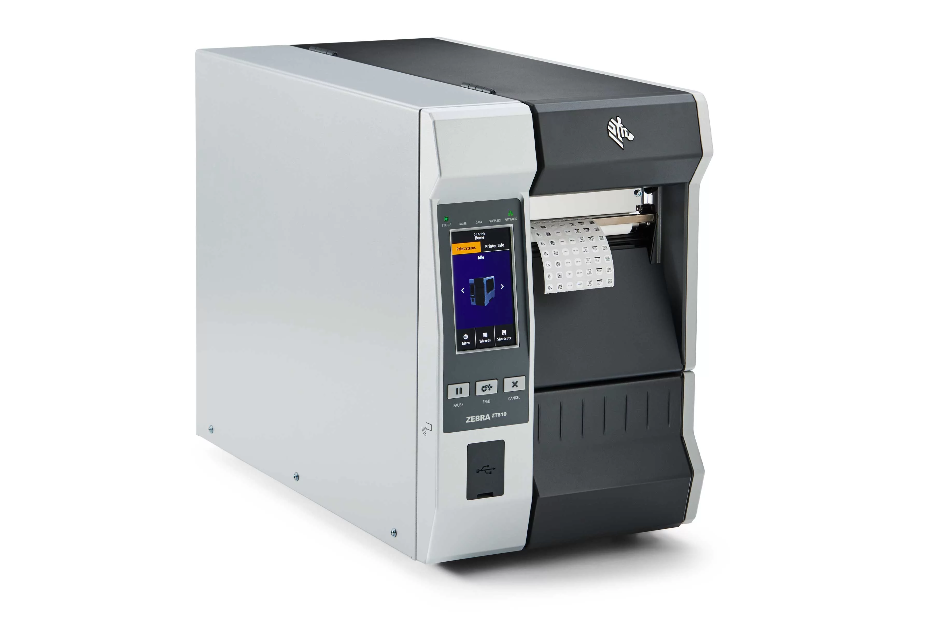 Zebra ZT610 industriële labelprinter met labelmateriaal, rechtsvoor