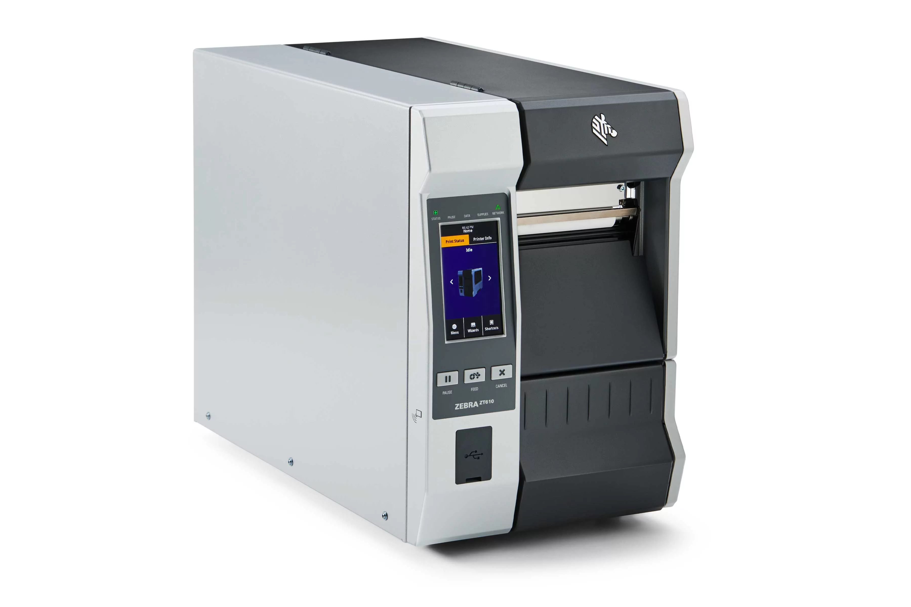 Zebra ZT610 industriële labelprinter, vooraanzicht rechts