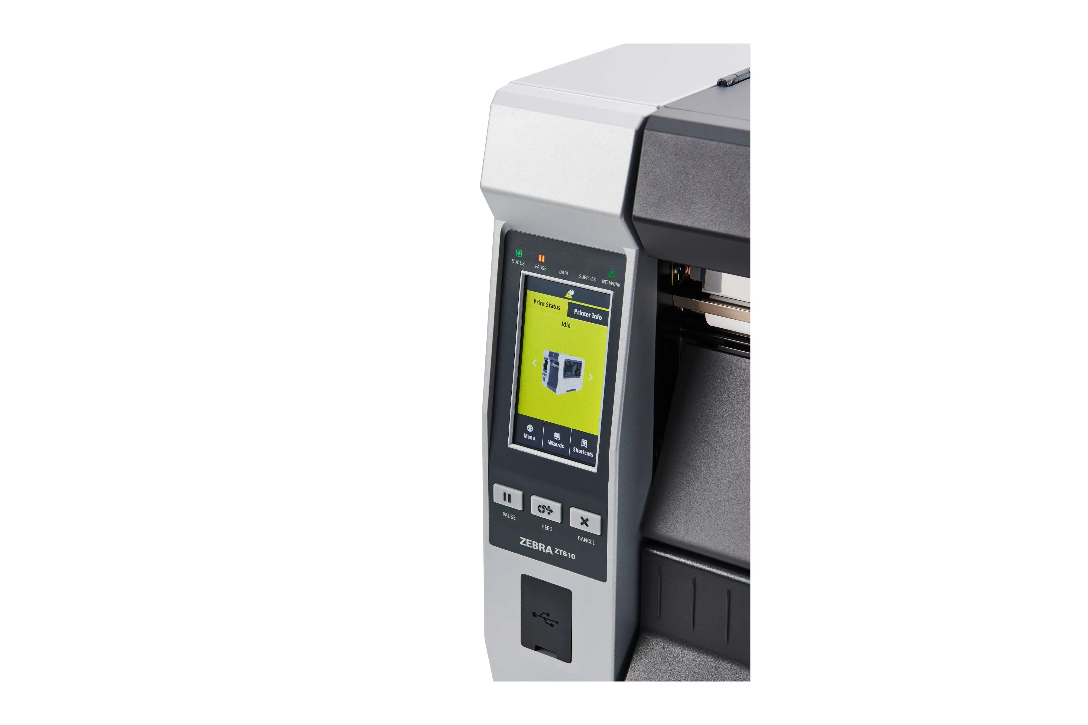 Zebra ZT610 industriële labelprinter met zichtbaar bedieningsscherm
