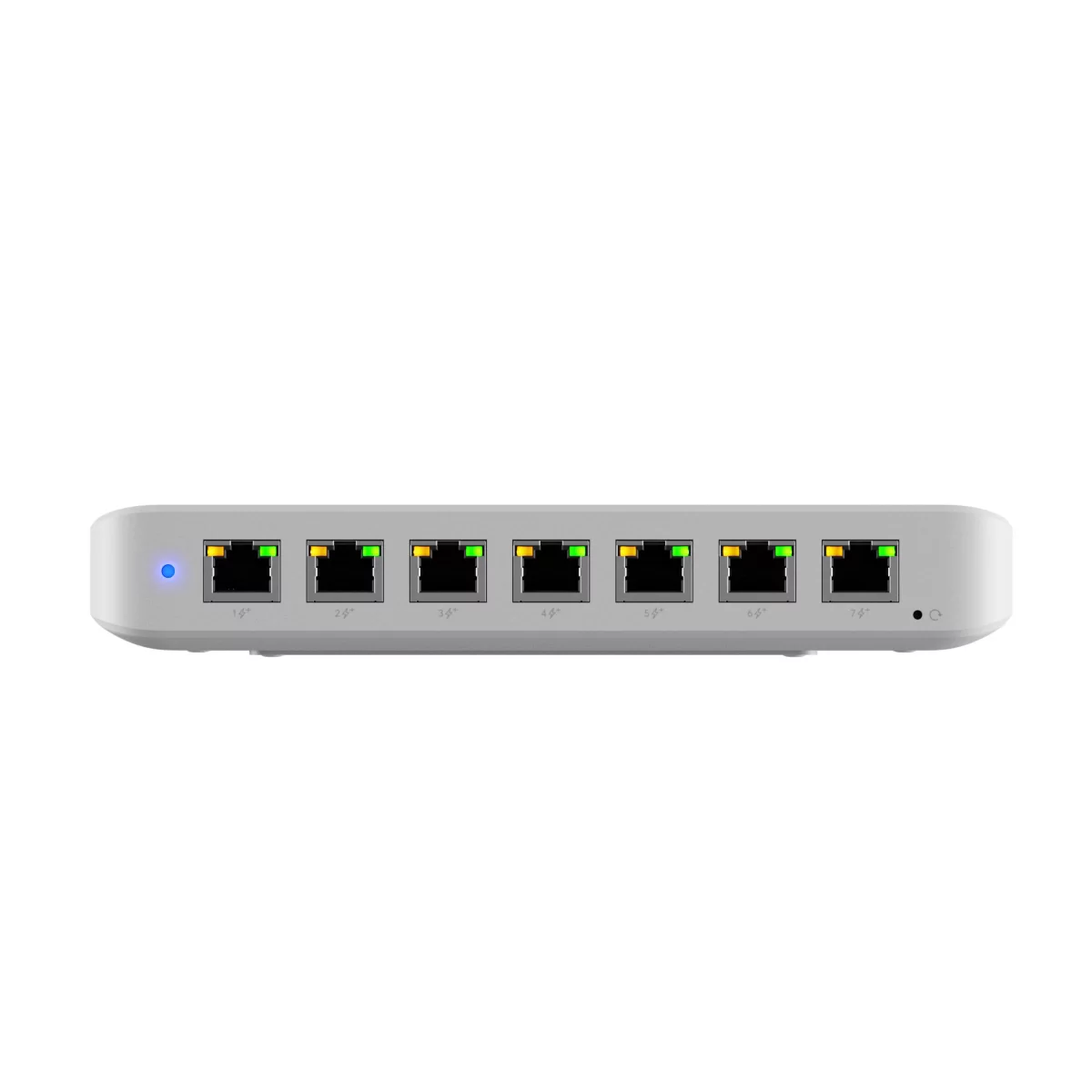 Ubiquiti Switch Ultra 60W, model USW-Ultra-60W, met zeven zichtbare Ethernetpoorten en status-led