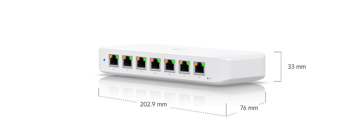 Ubiquiti Switch Ultra 60W, model USW-Ultra-60W, afgebeeld vanuit een schuin zijaanzicht